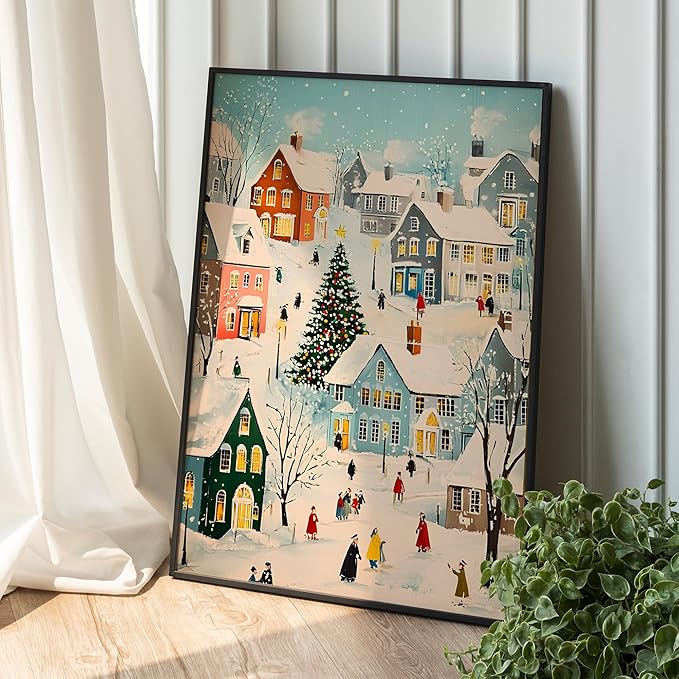 OZCONO Retro Winter Village Art, Pastel Snowy Town Christmas Decor, Cute Noel House Decor Idea, Holiday Home Accent, Cozy Seasonal Wall Artwork, Xmas Print (Unframed) (20x30)