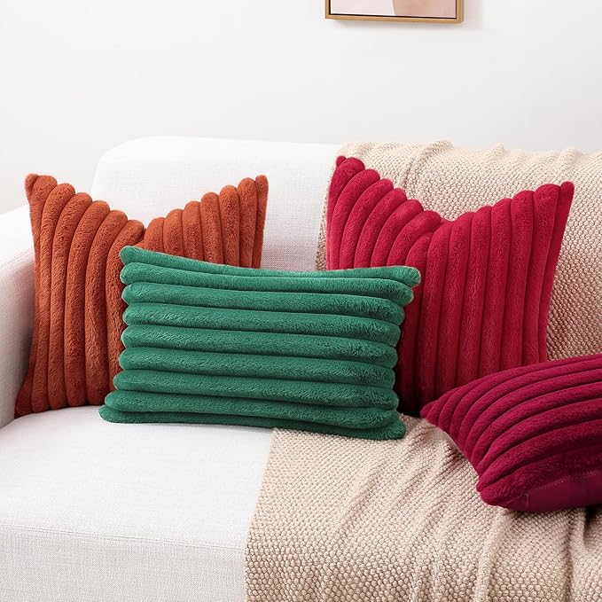 decorUhome Faux Fur Christmas Throw Pillow Covers 12x20 Set of 2, Decorative Soft Plush Striped Lumbar Neutral Couch Euro Pillow Covers with Velvet Back for Sofa, Bed, Living Room Home Decor, Burgundy