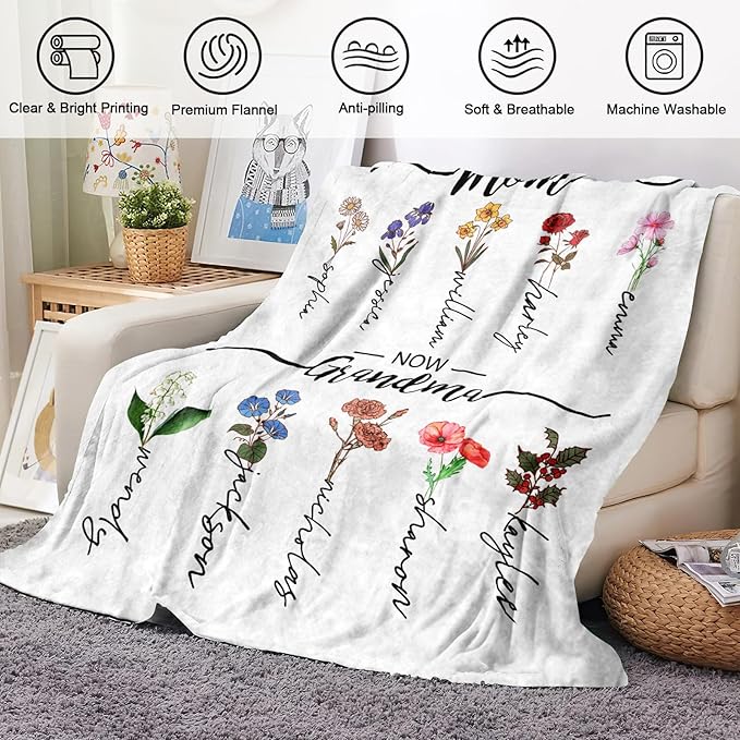 Ships Next Day, Personalized Christmas Mom Blanket Gift, Custom Blanket with Kids Name and Birth Month Flowers, Birthday Gifts for Mom from Daughter Son, Personalized Gifts for Grandma,Wife