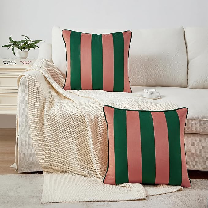 MONDAY MOOSE Decorative Throw Pillow Covers Cushion Cases, Set of 2 Soft Velvet Striped Piping Edge Designs, Pillow Inserts Not Included (Pink/Green, 20x20 inch)