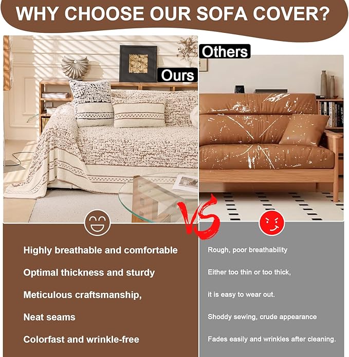 ROOMLIFE Thicked Striped Boho Khaki Couch Cover for 2-3 Cushion Sofa, Fuzzy Plush Warm Sofa Slipcovers Sectional Sofas Covers, Non Slip Washable Furniture Protector Soft with Tassel,Winter 71''X150”