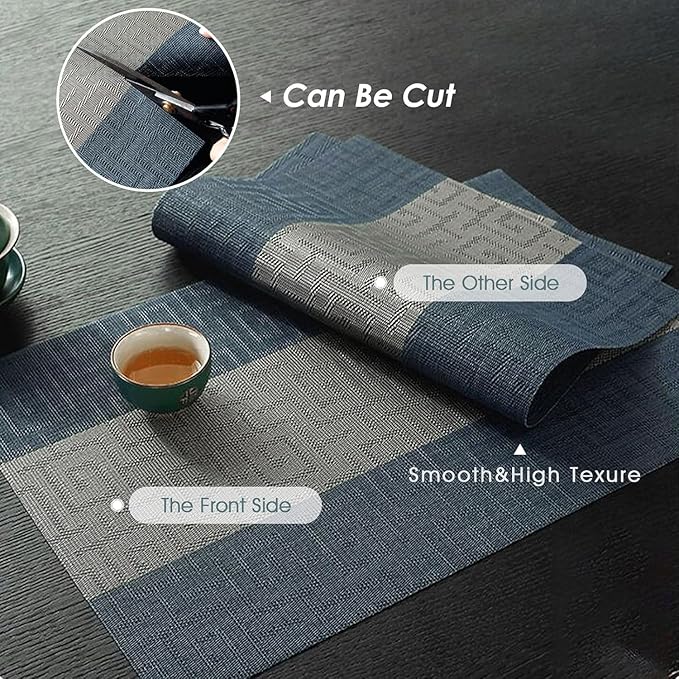FAVE Placemats Set of 4 Indigo Blue Woven Placemats Durable and Wipeable Vinyl Placemats Heat Resistant Table Mats Set of 4 High Texture Place Mats for Kitchen Table (Indigo Blue, 12"x18"-4PCS)
