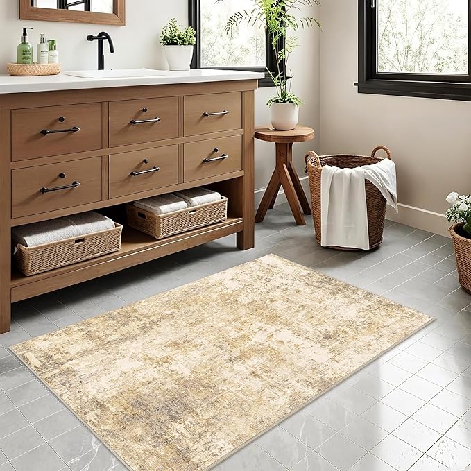 2x3 Modern Abstract Rug Washable Area Rugs for Living Room Bedroom Dining Room Non-Slip Low Pile Neutral Large Rug Soft Indoor Floor Carpet, Gold