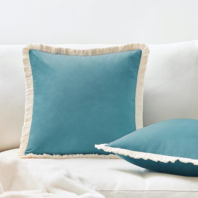 MONDAY MOOSE Decorative Throw Pillow Covers Cushion Cases, Set of 2 Soft Velvet Modern Fringe Tassel Designs, Mix and Match for Home Decor, Pillow Inserts Not Included (Teal Blue, 16x16 inch)