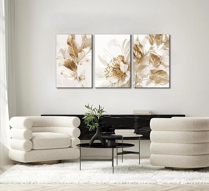 3 Pcs Modern White Floral Golden Leaves Canvas Wall Art Neutral Boho Beige Botanical Painting Pictures Nordic Wall Decor Posters Print Artwork for Bedroom Living room Office Home Decoration