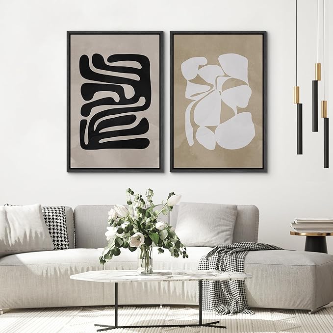 SIGNWIN Framed Canvas Print Wall Art Set Mid-Century 1960s Chic Polygon Collage Abstract Shapes Illustrations Modern Art Minimal Boho Relax/Calm for Living Room, Bedroom, Office - 24"x36"x2 Black