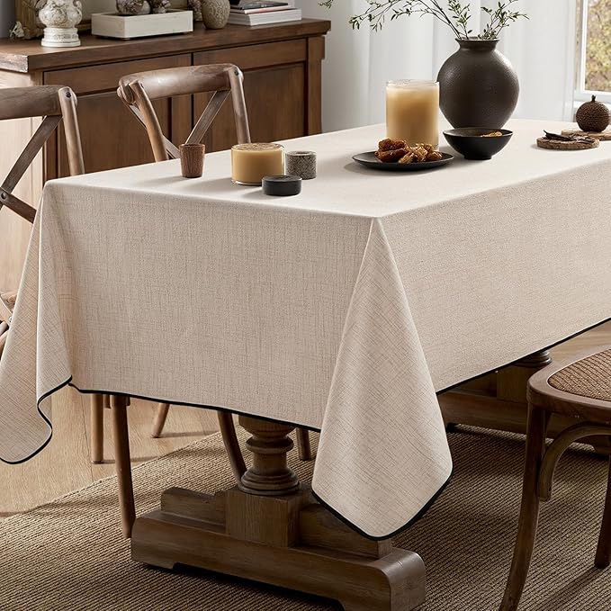 MIULEE Ivory-Black Linen Polyester Tablecloth 60x84 Inch Rectangle Table Cloth Waterproof,Stain Resistant & Wrinkle Resistant for Dining Party Wedding