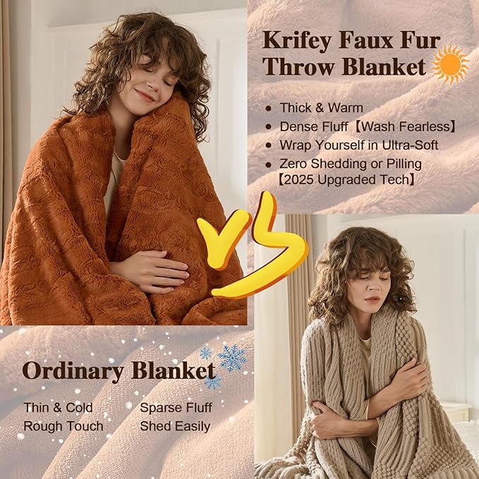 Krifey Faux Fur Throw Blanket, Super Soft Cozy Blanket, Luxury Fluffy Blanket Warm Bed Throw, Plush for Women, Camel 50" x 60"