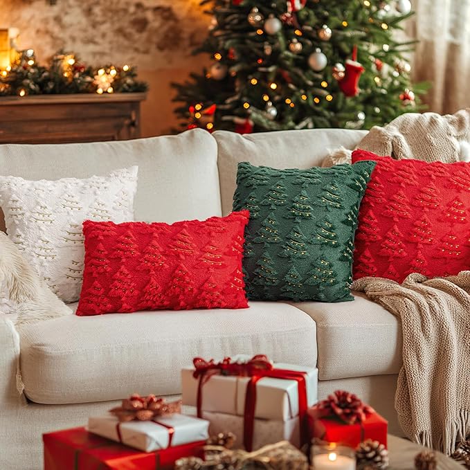 AQOTHES Christmas Tree Decorative Red Throw Pillow Covers 12x20 Set of 2, Faux Fur Farmhouse Throw Pillows Cushion Cases for Xmas Winter Holiday Home Decor
