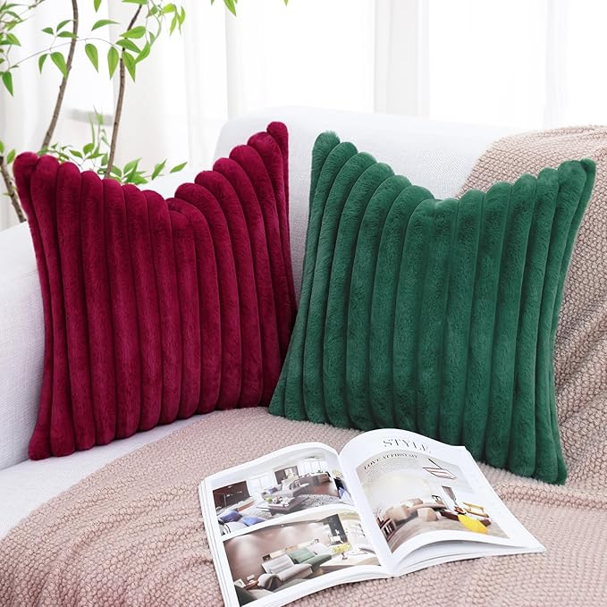 decorUhome Faux Fur Christmas Throw Pillow Covers 12x20 Set of 2, Decorative Soft Plush Striped Lumbar Neutral Couch Euro Pillow Covers with Velvet Back for Sofa, Bed, Living Room Home Decor, Burgundy