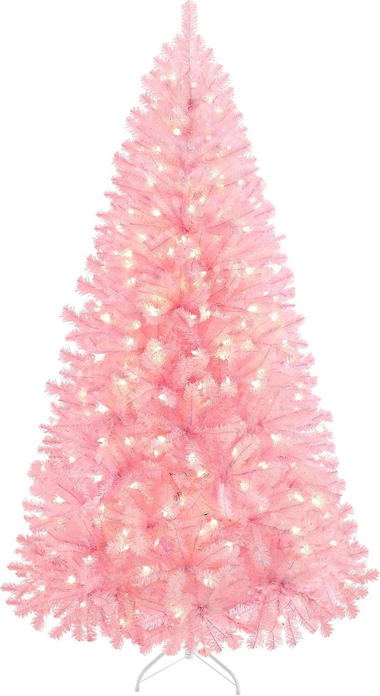 Yaheetech 6ft Pre-lit Artificial Hinged Christmas Tree Prelighted Full Holiday Xmas Tree for Home Party Decoration with 300 Warm White Lights & 818 Branch Tips, Foldable Metal Stand, Pink