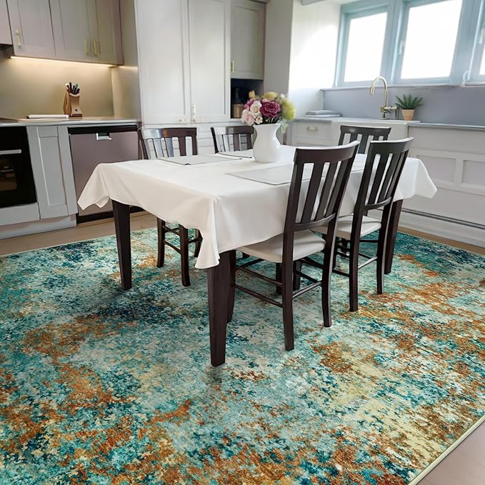 Washable Area Rug for Living Room 6x9 - Neutral Modern Abstract Rugs, Soft Non Slip Carpet with for Bedroom, Under Dining Room Table, Home, Office, Dorm - Teal Brick