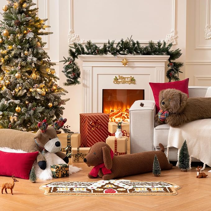 Phantoscope Christmas Animal Series, Dachshund Shaped Throw Pillow with Scarf, Sherpa Large Long Body Pillow Christmas Decorative Pillows for Couch, Sofa, Bed, Coffee Dachshund 14 x 40 inches