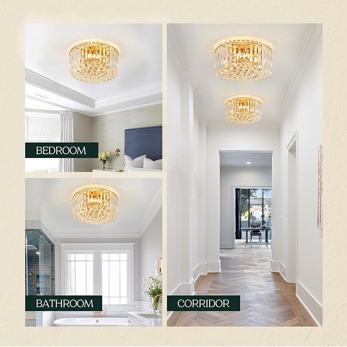 12.6" Gold K9 Crystal Raindrop Flush Mount Ceiling Light, Modern Chandelier, Round Luxury Light Fixture for Dining Room, Bedroom, Hallway, Kitchen Island & Living Room