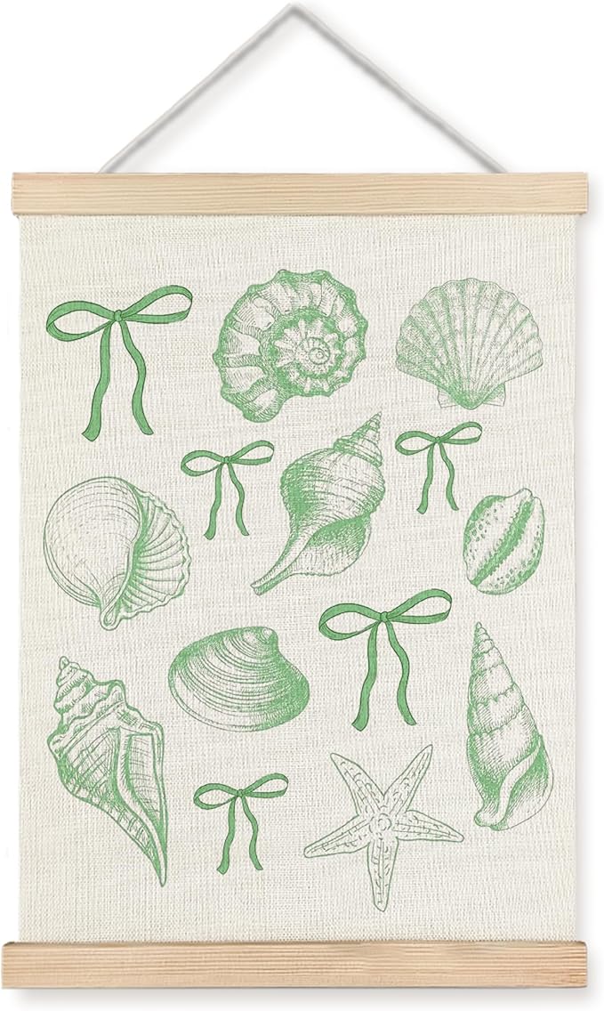 ignytiger Coastal Beach Seashell Wall Art Poster Framed, Ocean Beachy Room Decor Aesthetic, Green Coquette Bow Seashell Canvas Wall Art Prints for Girly Home Bedroom Decor, 12x16 Inches