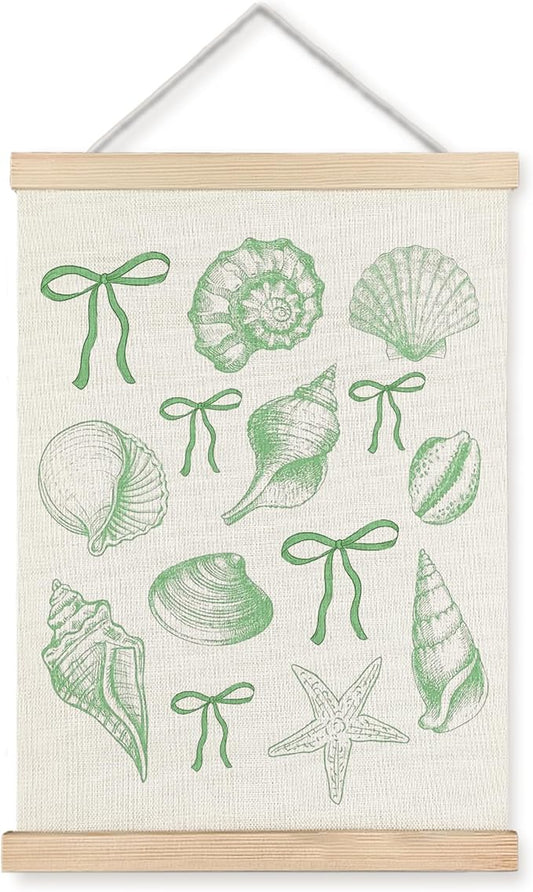 ignytiger Coastal Beach Seashell Wall Art Poster Framed, Ocean Beachy Room Decor Aesthetic, Green Coquette Bow Seashell Canvas Wall Art Prints for Girly Home Bedroom Decor, 12x16 Inches
