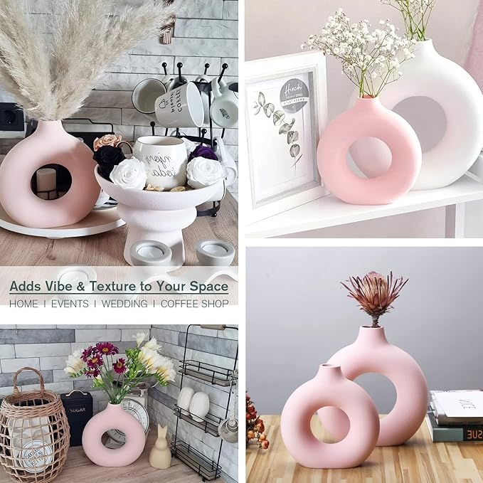 2-Pack Light Pink Ceramic Vase for Modern Home Decor, Round Matte Pampas Flower Vases Minimalist Nordic Boho Ins Style for Wedding Dinner Table Party Living Room Office Bedroom, Vase Decorative