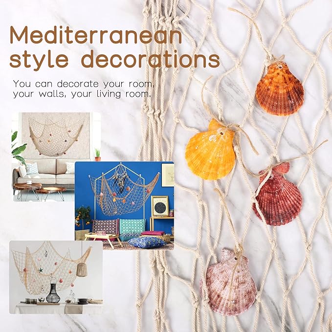 Fish Net Wall Decor with Shells - Fishing Net Decorative Nautical Mediterranean Style Cotton Photo Hanging Display Frame for Christmas Birthday Party Decorations Ornaments 79 x 40 Inch