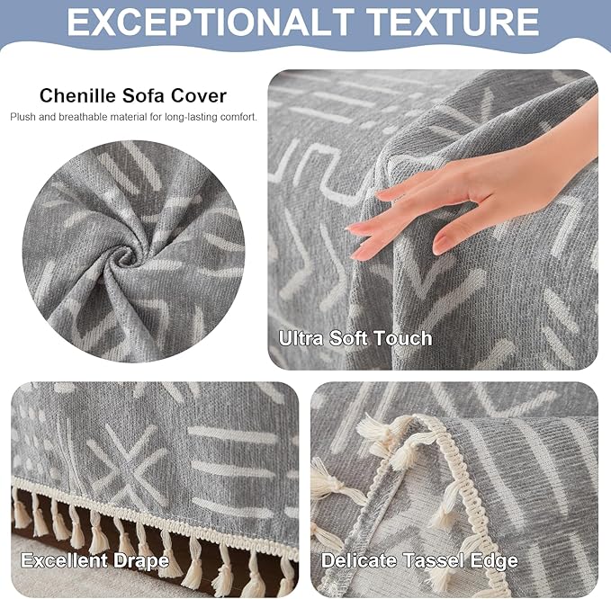 VClife Boho Couch Cover for 3 Cushion Couch Sofa Durable Soft Chenille Sofa Slipcover for Sectional Sofa, 1 PC Multi-Functional Sofa Covers Protector, Gray and White Furniture Protector 71" x 134"