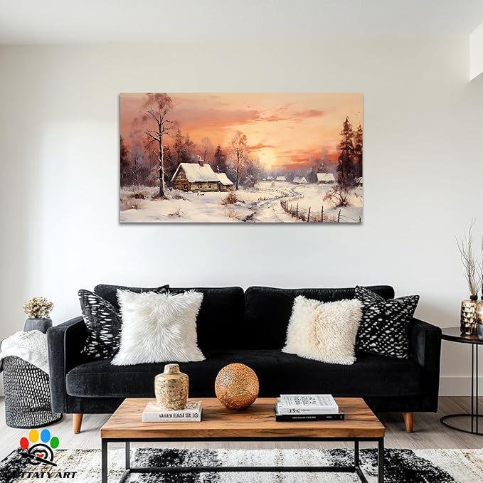 GUTTATY Christmas Winter Scene Canvas Wall Art, Cozy Snow Village Canvas Print, Rustic Country House Wall Painting, Winter Sunset Landscape Poster for Living Room, Bedroom, Hallway, 60x30 Inch