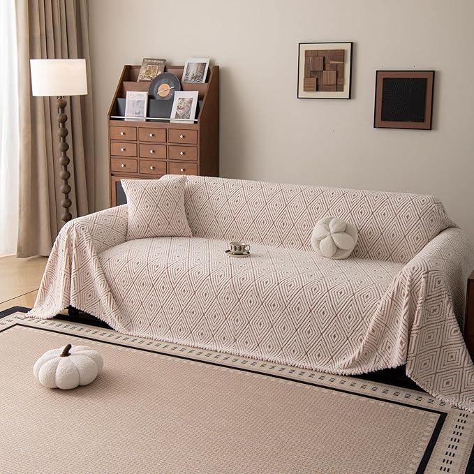 ROOMLIFE Striped Boho Pink Couch Cover for 2-3 Cushion Sofa, Fuzzy Plush Warm Sofa Slipcovers Sectional Sofas Covers, Non Slip Washable Furniture Protector Soft with Tassel,Winter 71''X150”