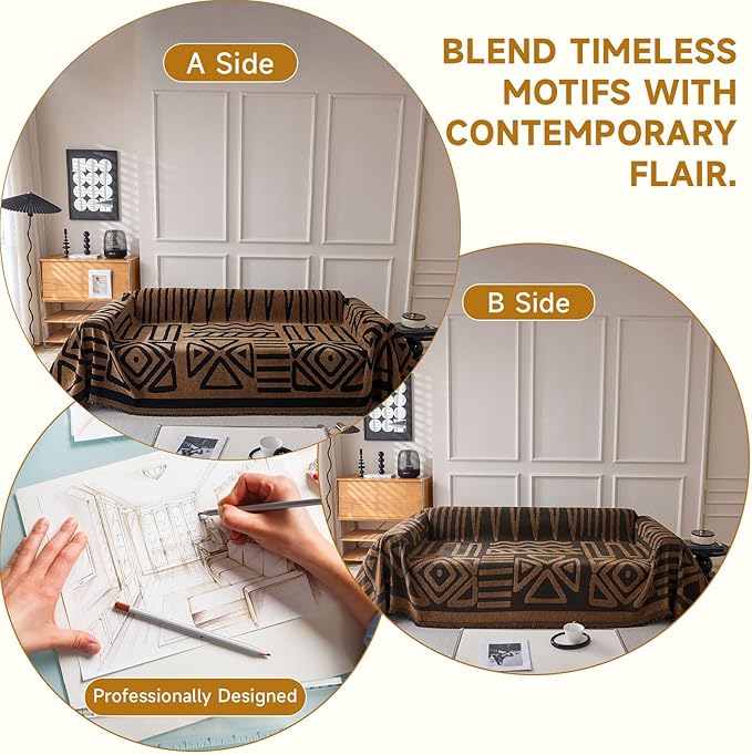 VClife Boho Couch Cover Soft Thick Chenille Couch Covers for Sectional Sofa, Bohemian Jacquard Couch Cover for 2 Cushion Couch Sofa Washable Breathable Furniture Protector, Pumpkin, 71"x118"