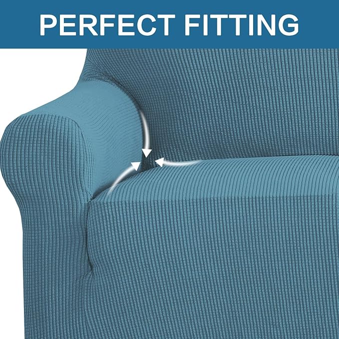 H.VERSAILTEX Stretch Couch Covers for Sofa 1 Piece Slipcovers for Couch and Sofas 3 Seater Couch Cover Feature Thick Checked Jacquard Fabric with Elastic Bottom(Large Sofa 90"-100" Wide, Storm Blue)