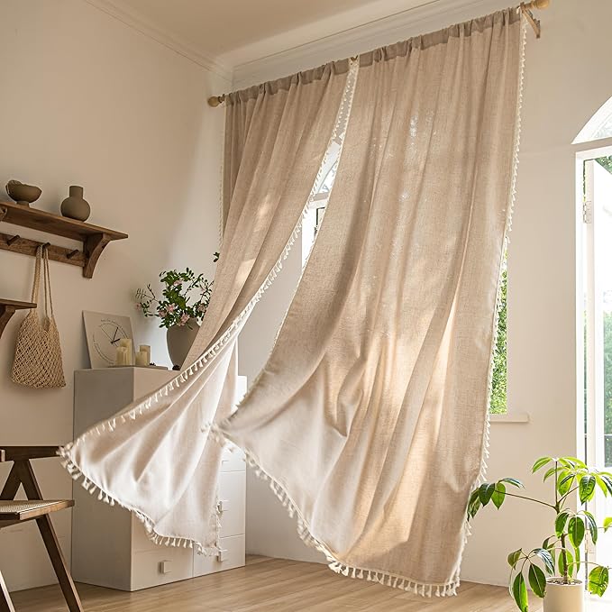 Sutuo Home Boho Curtains 63 Inches Long, Bohemian Linen Style Textured Curtains with Tassels for Living Room, Semi Blackout Farmhouse Drapes, Rod Pocket Window Treatments 2 Panels, 52" x 63", Coffee