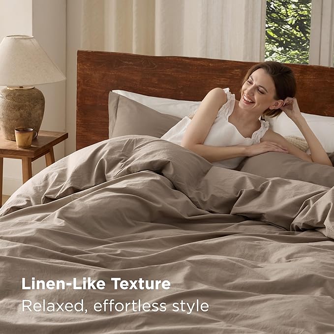 Bedsure 100% Washed Cotton Duvet Cover Cal King - Light Brown Minimalist Duvet Cover Linen Like for All Seasons - GentleSoft™ Plain Simple Bedding, 3 Pieces (Light Brown, California King, 104"x98")