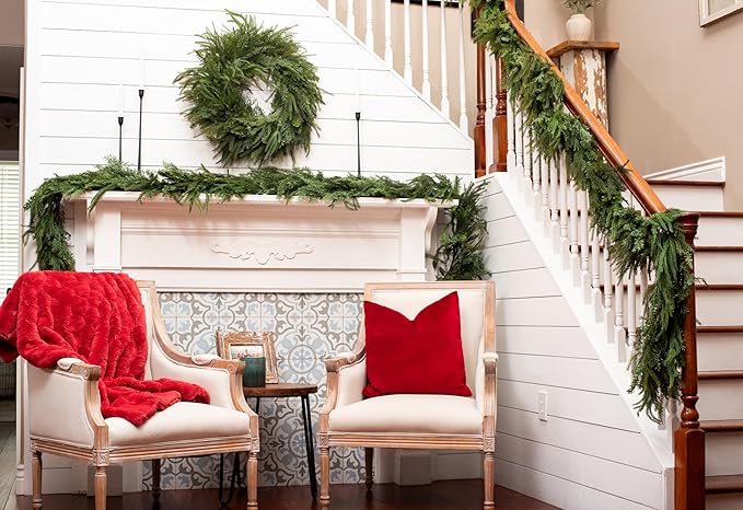 Mixed Norfolk Pine Garland with Evergreen, and Cedar Garland Artificial Realistic Greenery Branches for Decoration, Christmas Garland for Mantle, Premium Real Touch (9 Foot)
