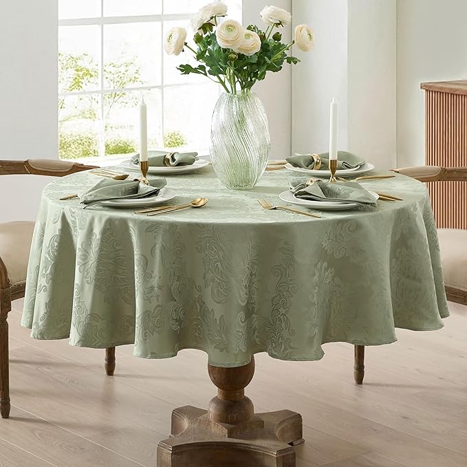 Newbridge Barcelona Damask Fabric Tablecloth, 70 Inch Round, Sage Green – No Iron, Soil Resistant Table Cover for Dining, Parties and Holidays