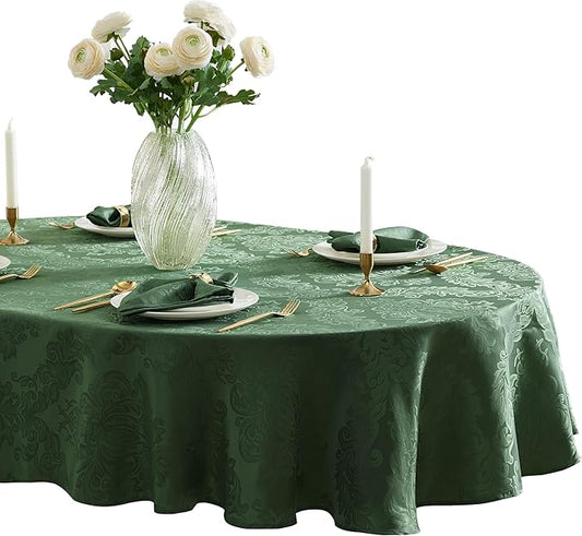 Newbridge Barcelona Damask Fabric Tablecloth, 60 x 84 Inch Oval, Hunter Green – No Iron, Soil Resistant Table Cover for Dining, Parties and Holidays