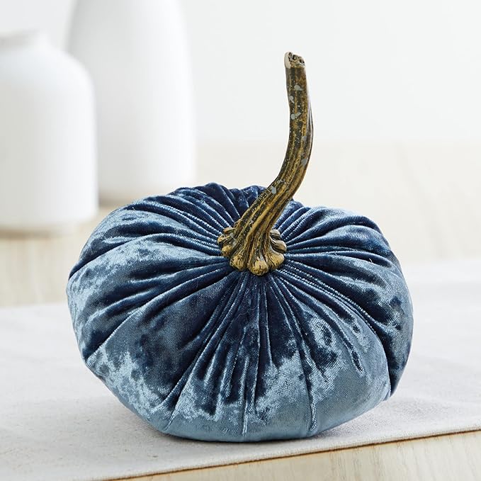 Your Heart's Content Set of 4 Small Velvet Pumpkins, Indigo Blue Decor, Gift Our Little Pumpkin Baby Shower Decorations boy, White Pumpkin Centerpiece, Navy (Sm 2Indigo Navy Ivory)