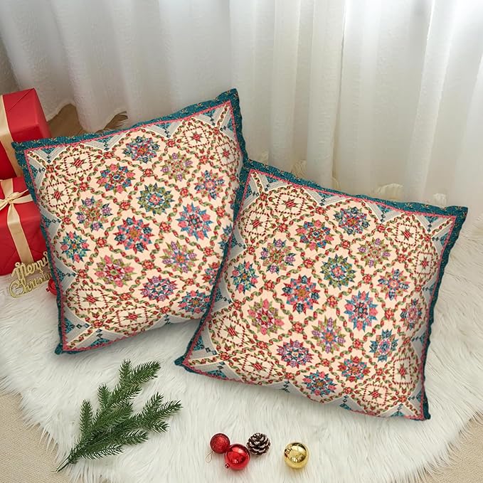 Boho Throw Pillow Covers 16x16 inch Set of 2,Boho Vintage Carpet Pattern Antique Ethnic Decor Double Sided Pattern Cushion Cover Soft Pillow Case Living Sofa Room Bed Square Pillow Cover