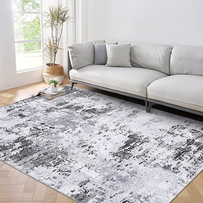 Area Rug 4x6 Washable Rug for Living Room Stain Resistant Carpet Modern Abstract Rugs Ultra Soft Indoor Floor Cover Low Pile Thin Rug for Bedroom Dining Room, Grey