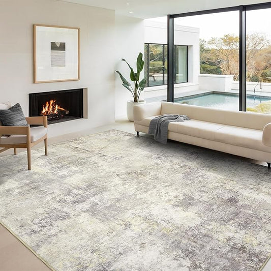Washable Area Rugs for Living Room 8x10 - Large Neutral Modern Abstract Rug, Soft Low Pile Carpet with Non Slip Backing for Under Dining Room Table, Bedroom, Home, Office, Dorm - Brown Grey