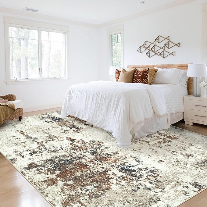 Living Room Rug 8x10 Rug, Machine Washable Modern Abstract Rug Soft Neutral Area Rug Non-Slip Stain Resistant Large Rugs for Living Room Dining Room Bedroom Dorm Office(Brown,8'x10')