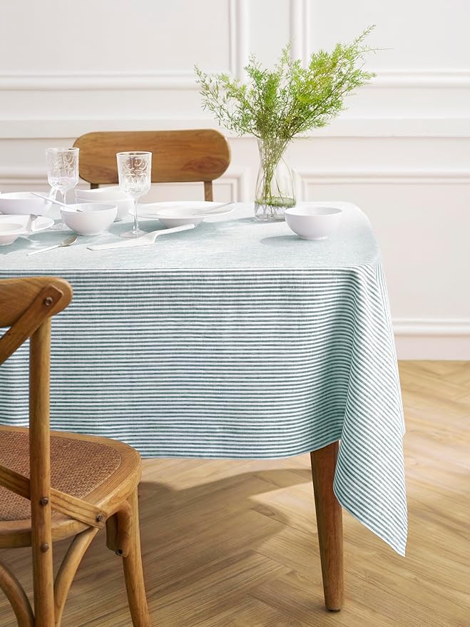 Solino Home Linen Tablecloth 60 x 144 Inch - Narrow Stripe 100% Pure Linen Rainforest and White Table Cloth for Rectangle Tables - Machine Washable Tablecloth for Christmas