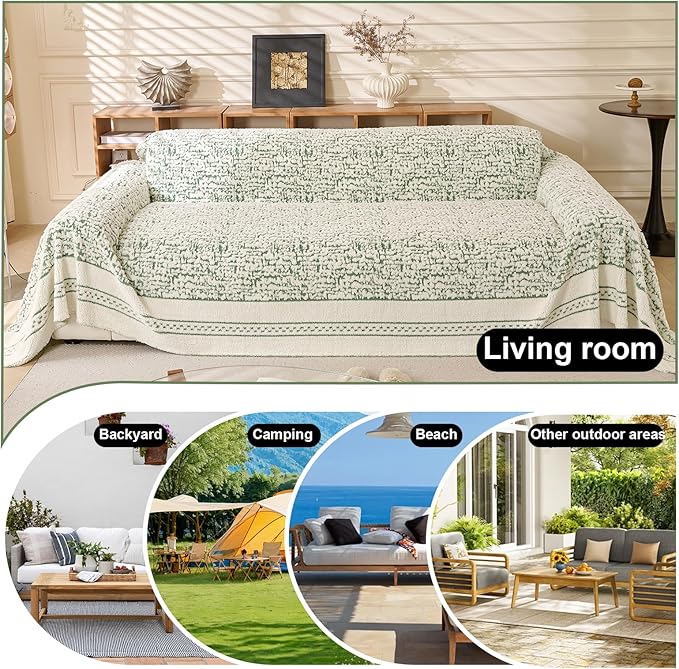 ROOMLIFE Thicked Striped Boho Green Couch Cover for 2-3 Cushion Sofa, Fuzzy Plush Warm Sofa Slipcovers Sectional Sofas Covers, Non Slip Washable Furniture Protector Soft with Tassel,Winter 71''X118”