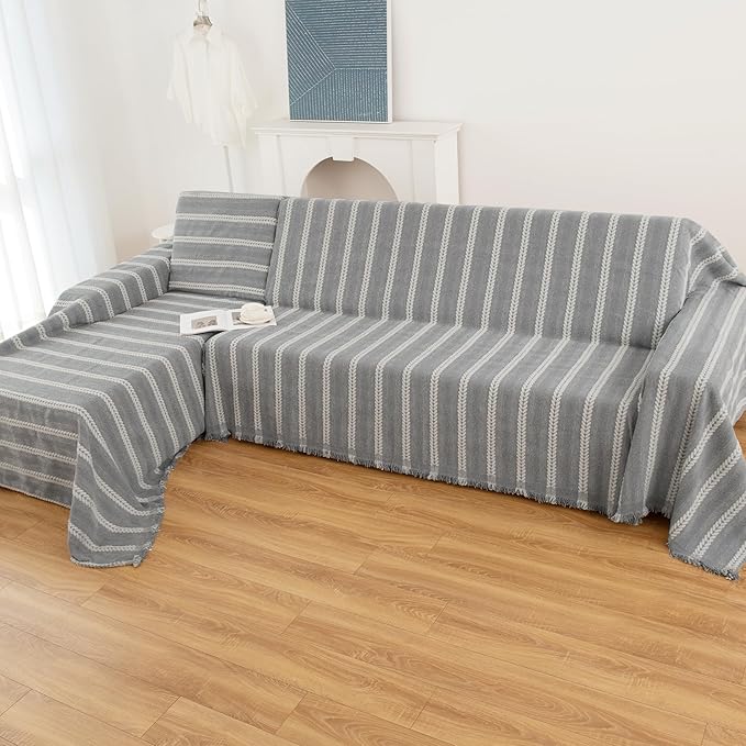 Couch Cover for Dogs, Boho Sofa Covers for 3 Cushion Couch, Chenille Sofa Slipcover for Pets Washable, L-Shape Sectional Loveseat Cover Soft Throw Blankets with Tassels(91x134,Striped Grey)