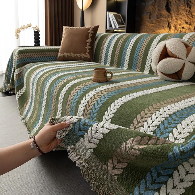 VClife Dog Couch Cover Sofa Covers, Chic Stripe Couch Cover for 2 Cushion Couch, Washable, Non Slip & Wear Resistant, Pet Friendly Sofa Protector Sectional Sofa Couch Slipcover, Green, 71''x118''