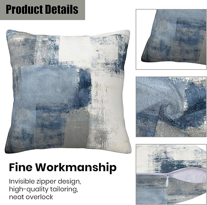 Blue and Grey Abstract Art Pillow Covers 18X18 Set of 2, Grunge Style Oil Painting Decorative Throw Pillow Covers, Pillowcase Cushion Case for Home Sofa Couch Indoor Outdoor Decorations