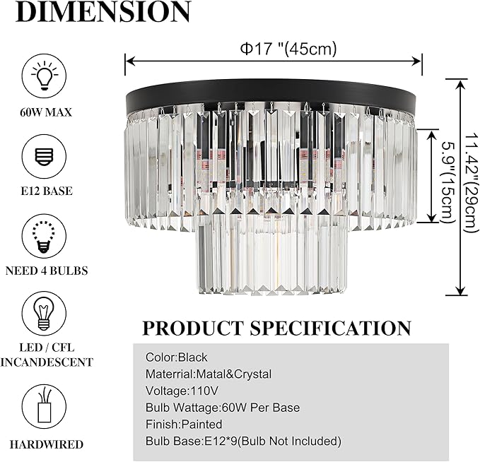 17" Black Crystal Ceiling Light 9-Light Modern Crystal Light Fixture 2-Tier Luxury K9 Crystal Ceiling Light,for Dining Room Kitchen Island Living Room Bedroom