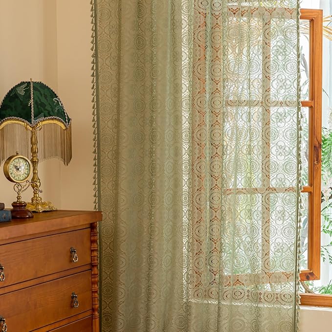 YJ YANJUN Boho Sage Green Curtains 63 Inches Long, Vintage Hollow Lace Textured, Whimsical Crochet Curtains for Living Room Bedroom, Semi-Sheer & Privacy, Spring Summer Decor, Each 59 Wide 2 Panels