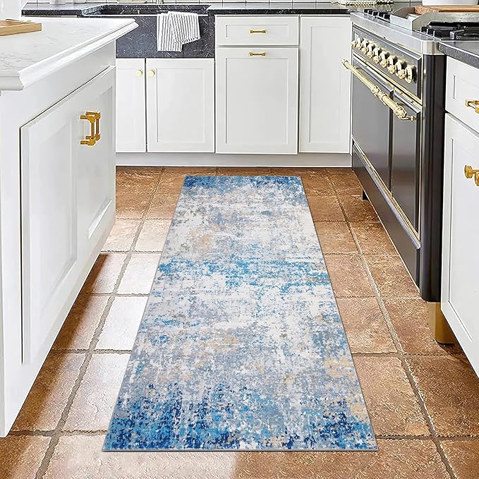 Modern Abstract Runner Rug 2x5 Washable Non Slip Stain Resistant Rug for Bedroom Living Room Non Shedding Low Pile Indoor Floor Cover,Blue/Grey