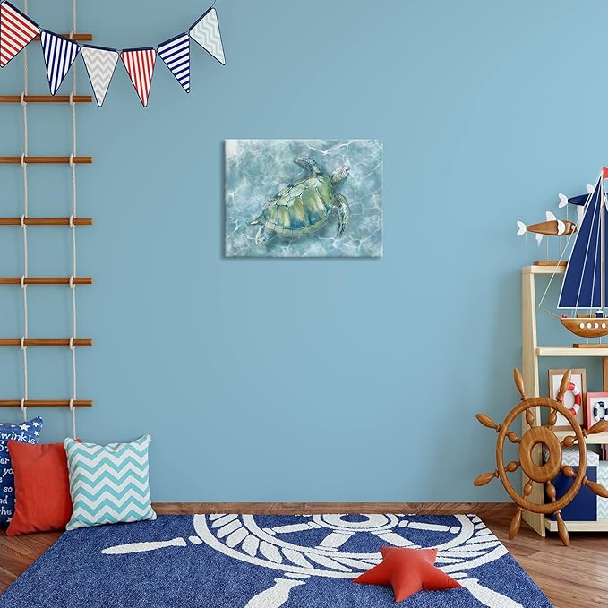 YJYart Bathroom Wall Decor Canvas Wall Art for Bedroom Sea Turtle Pictures Blue Coastal Room Decorations Artwork Green Turtle Wall Decorations 16” x 24”