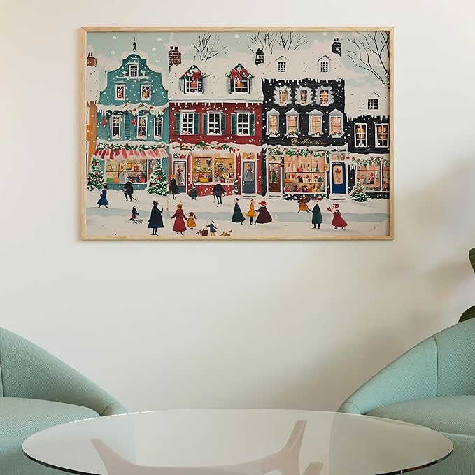 OZCONO Retro Snowy Town Christmas Art, Winter Farmhouse Holiday Decor, Vintage Village Seasonal Accent, Xmas Print, Cozy December Scene for Festive Home Styling (Unframed) (9x11)