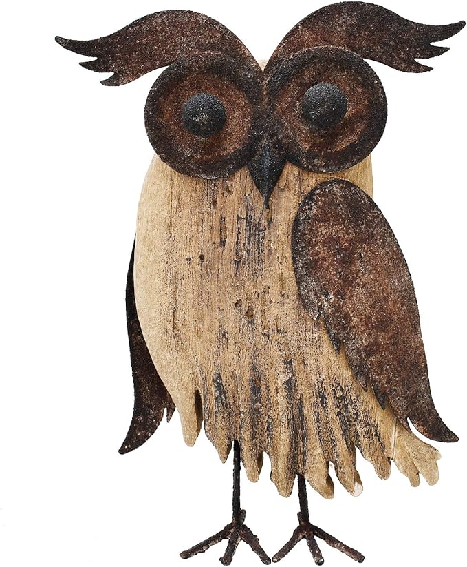 K KILIPES Rustic Owl Decorations for Home Decorative Wood Owl Figurine Statues Night Owl Tabletop Ornaments Collectible Sculptures (8.5" H B)