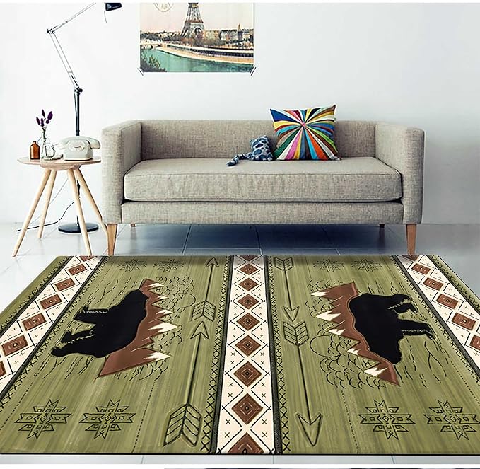 Rustic Cabin Area Rug, 4x6ft, Western Country Wildlife Bear Floor Carpet, Vintage Boho Geometric Pattern Green Rugs, Soft Non Slip Low Pile Carpet for Living Room Bedroom Office