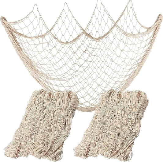 Nature Fish Net Wall Decoration with Shells, Ocean Themed Wall Hangings Fishing Net Party Decor for Pirate Party,Wedding,Photographing Decoration (2pack Beige(no Shells))